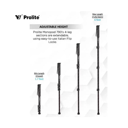 Monopod Prolite 790 com altura ajustável, fechado e totalmente aberto