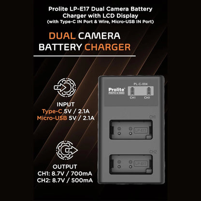 Dual camera battery charger with LCD display, CH1/CH2 battery slots, input/output specs