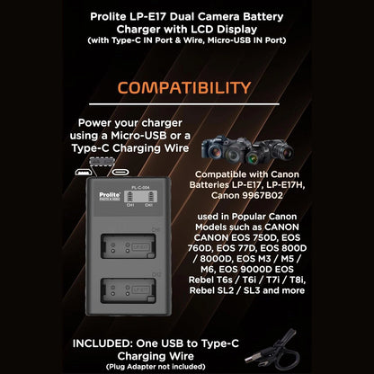 Dual‑LCD Ladegerät für LP‑E17, USB‑C/Micro‑USB Eingänge, für 2 Akkus