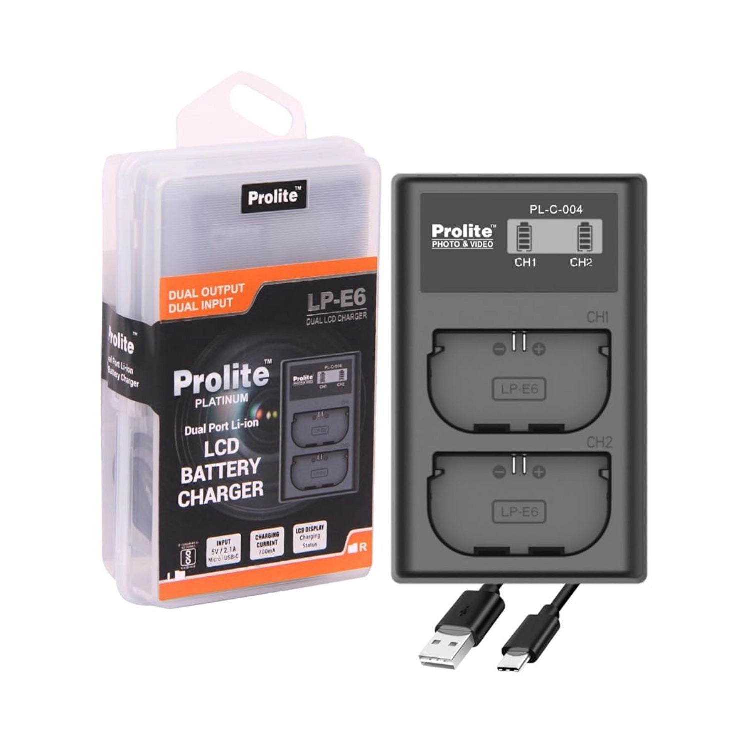 Prolite dual LCD LP-E6 battery charger, 2-slot design, with Type-C and Micro-USB cables