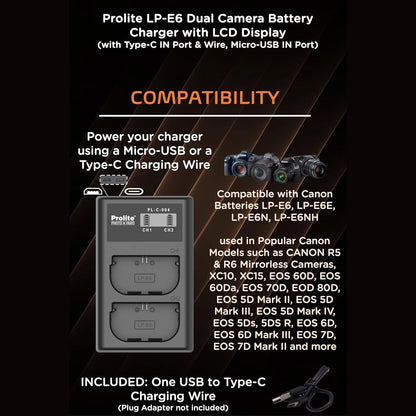 LP-E6 dual charger with LCD display, compatible with Canon LP-E6 series; Type-C or Micro-USB