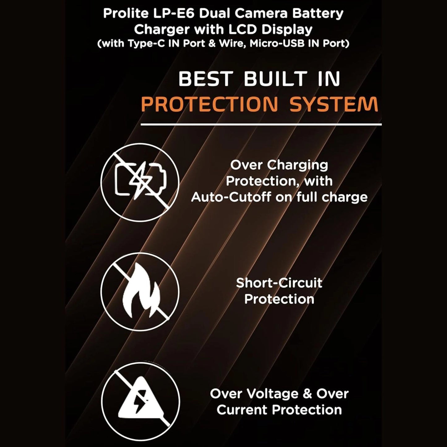 LP-E6 dual battery charger with LCD, overcharging and short-circuit protection icons