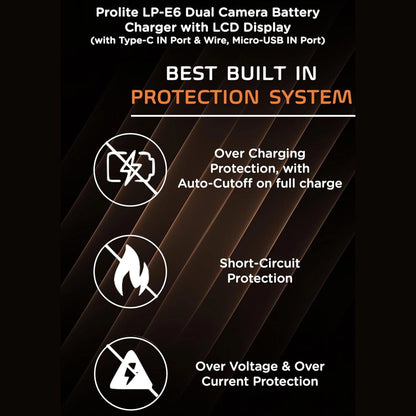 LP-E6 dual battery charger with LCD, overcharging and short-circuit protection icons