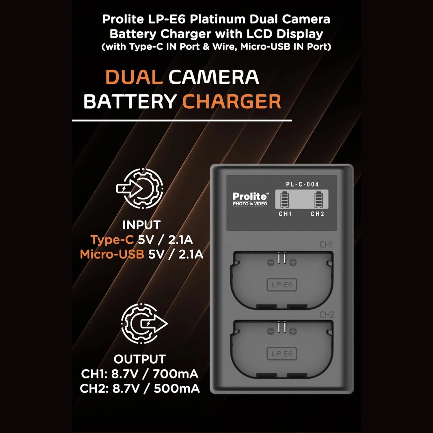 Dual-slot LP-E6 charger with LCD display, CH1/CH2, input Type-C and Micro-USB ports