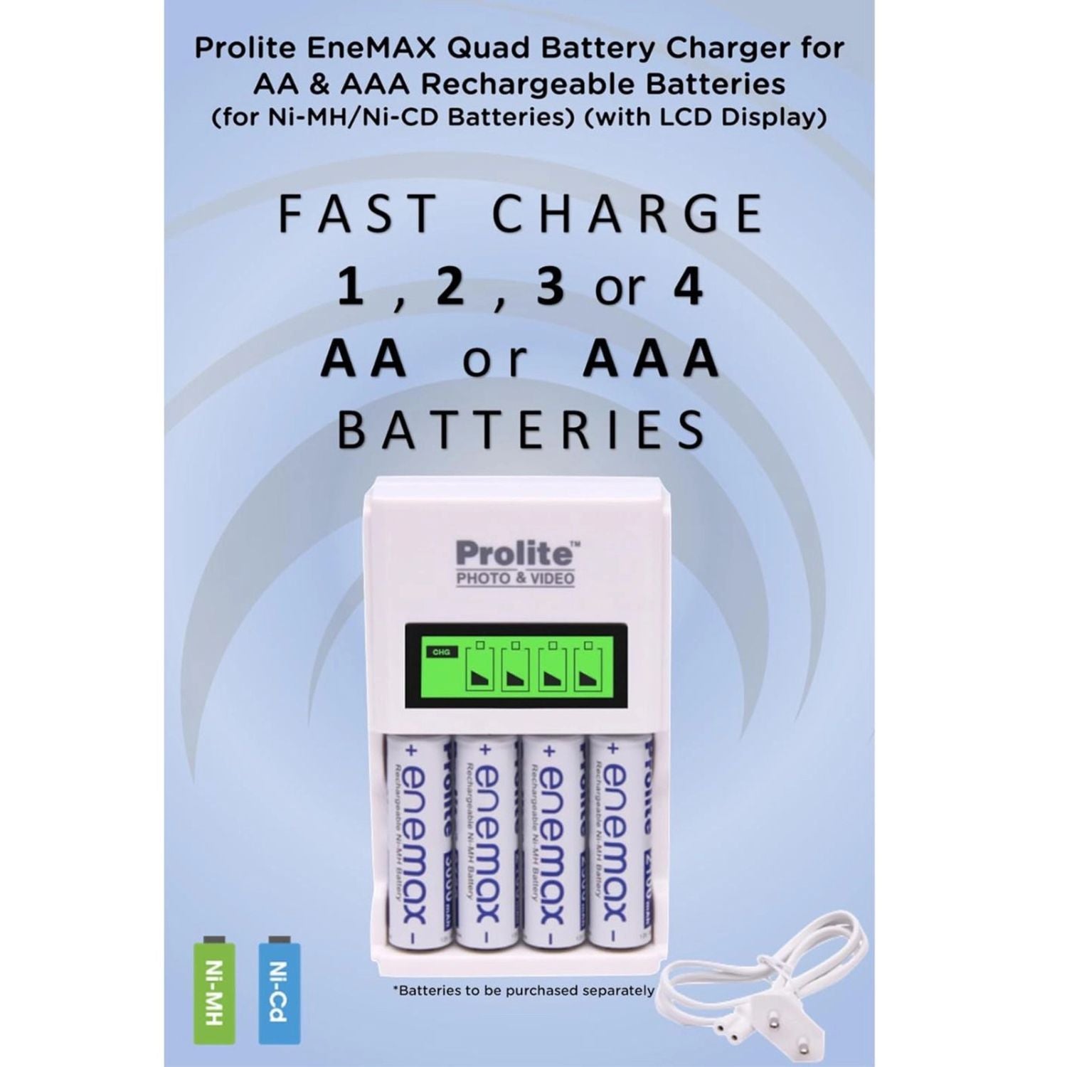Compact quad battery charger with LCD panel and included power cord