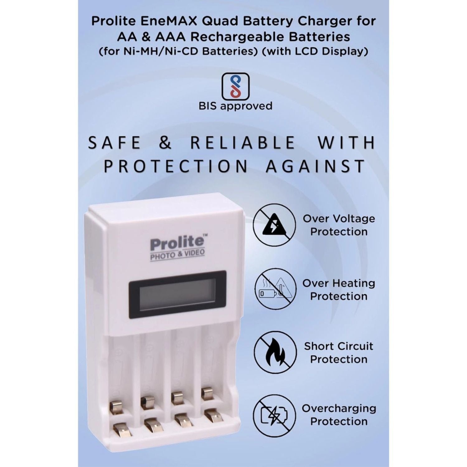 Quad charger with LCD display and safety icons for overheat, overvoltage, short circuit
