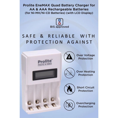 Quad charger with LCD display and safety icons for overheat, overvoltage, short circuit