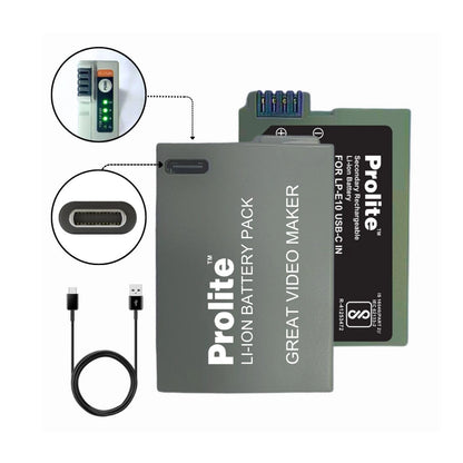 Prolite LP‑E10 battery pack with LED indicators and Type‑C charging cable