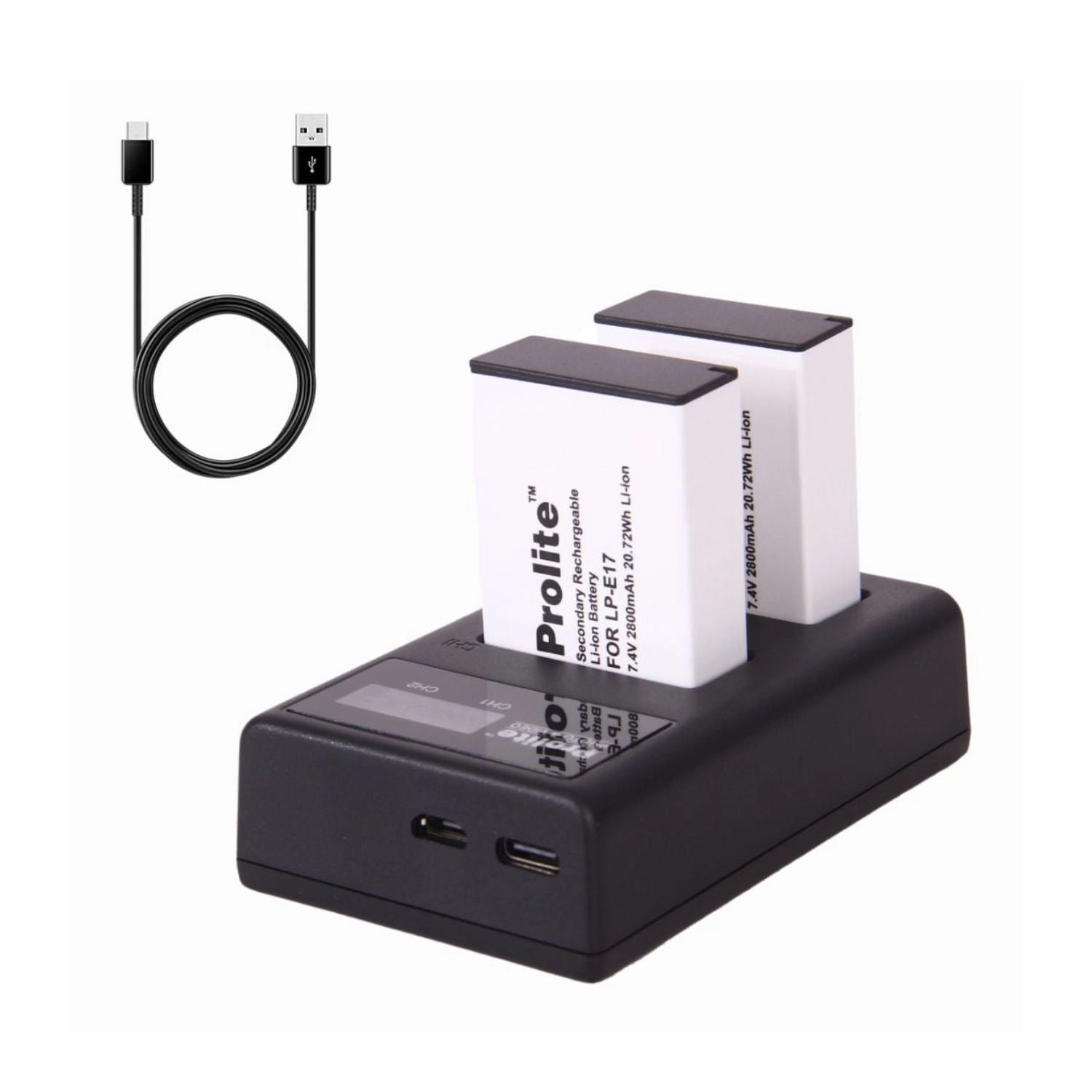 Prolite dual-port LP‑E17 charger with LCD and two rechargeable batteries, cables attached
