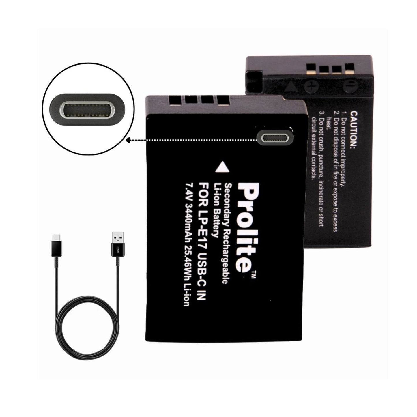 Prolite LP-E17 lithium-ion rechargeable battery with charging cable and USB connector
