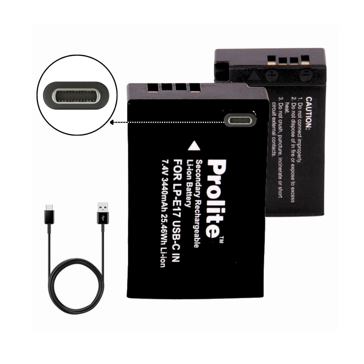 Prolite LP-E17 lithium-ion rechargeable battery with charging cable and USB connector