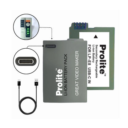 Prolite LP-E8 Li-ion rechargeable battery, includes charging contacts and USB cable