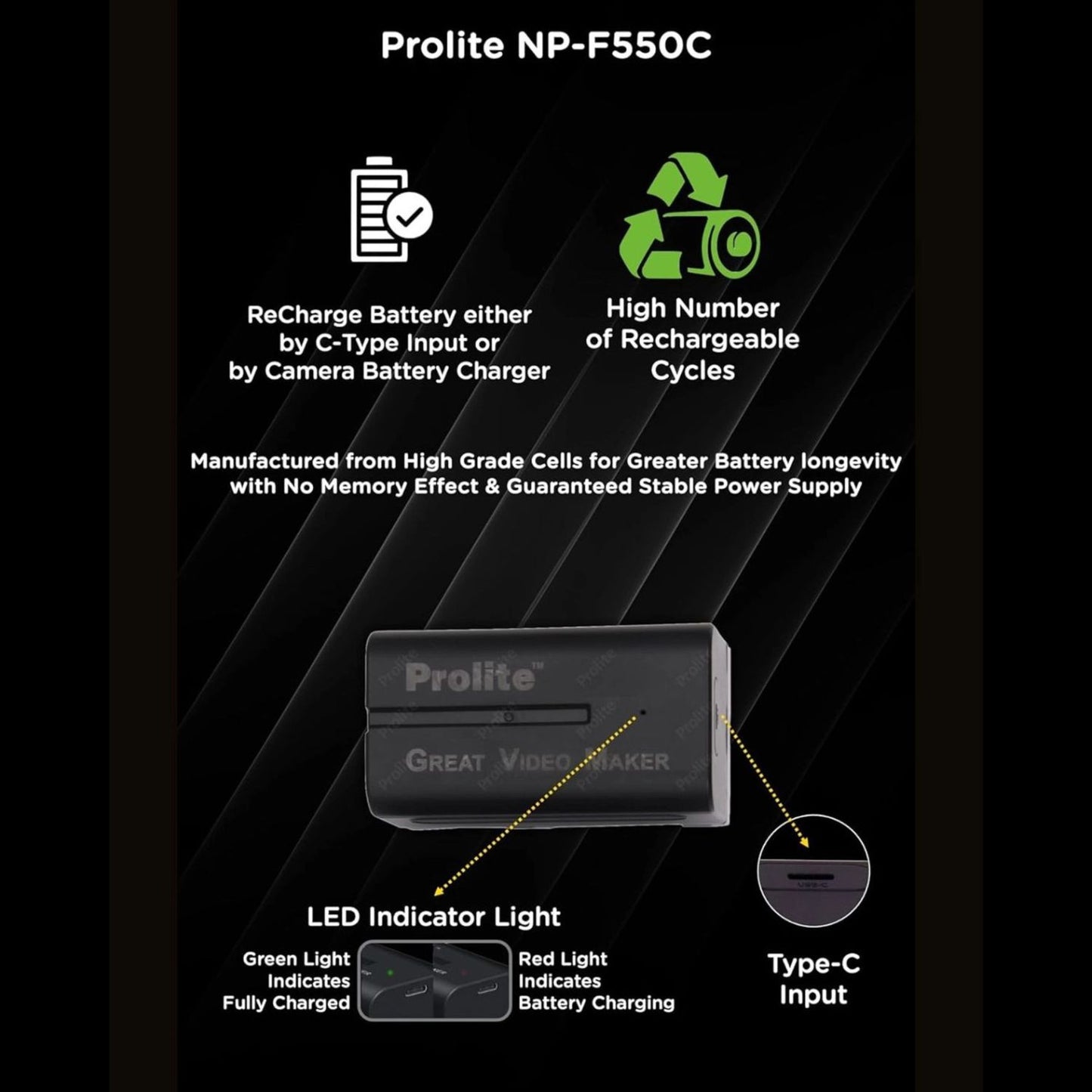 NP-F550C Akku mit LED-Ladeanzeige und Type-C-Eingang