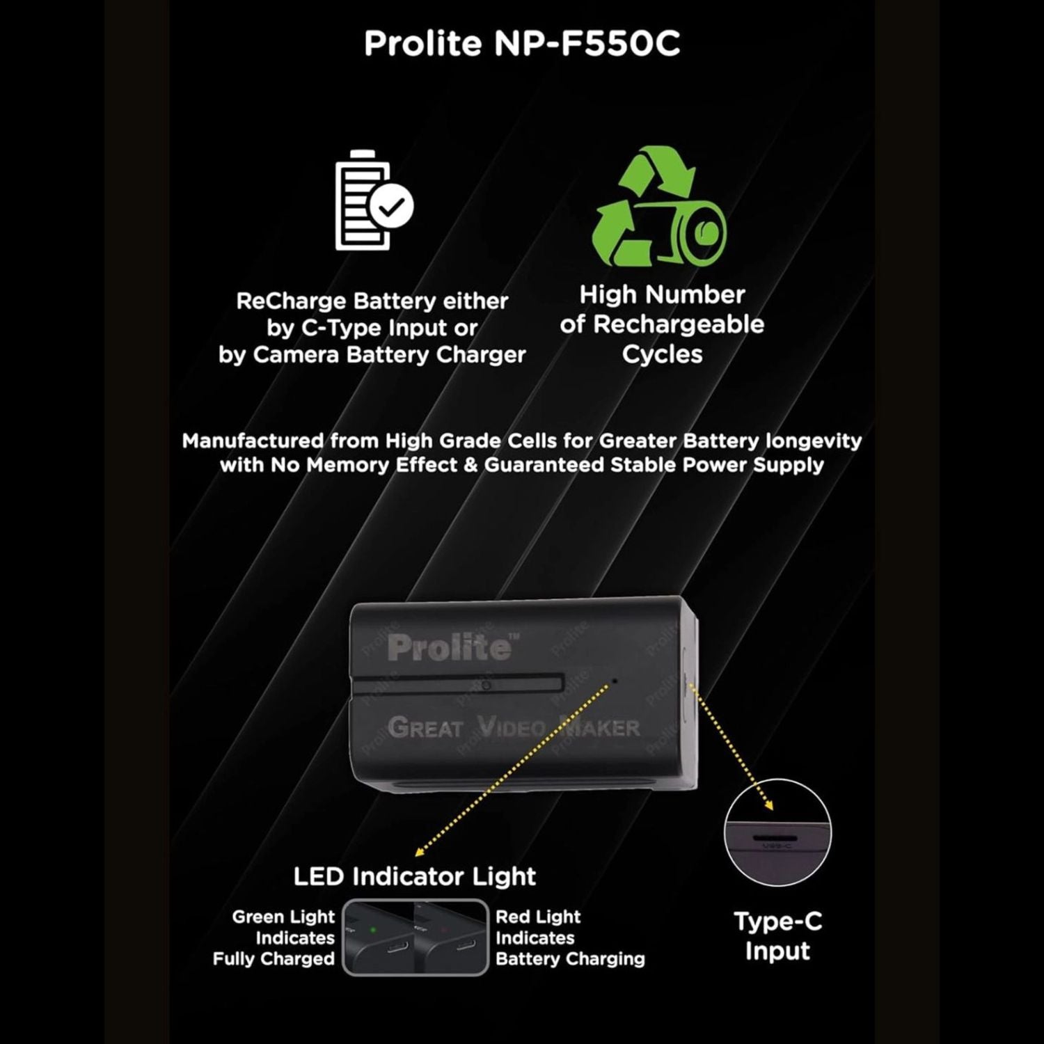 NP-F550C Akku mit LED-Ladeanzeige und Type-C-Eingang