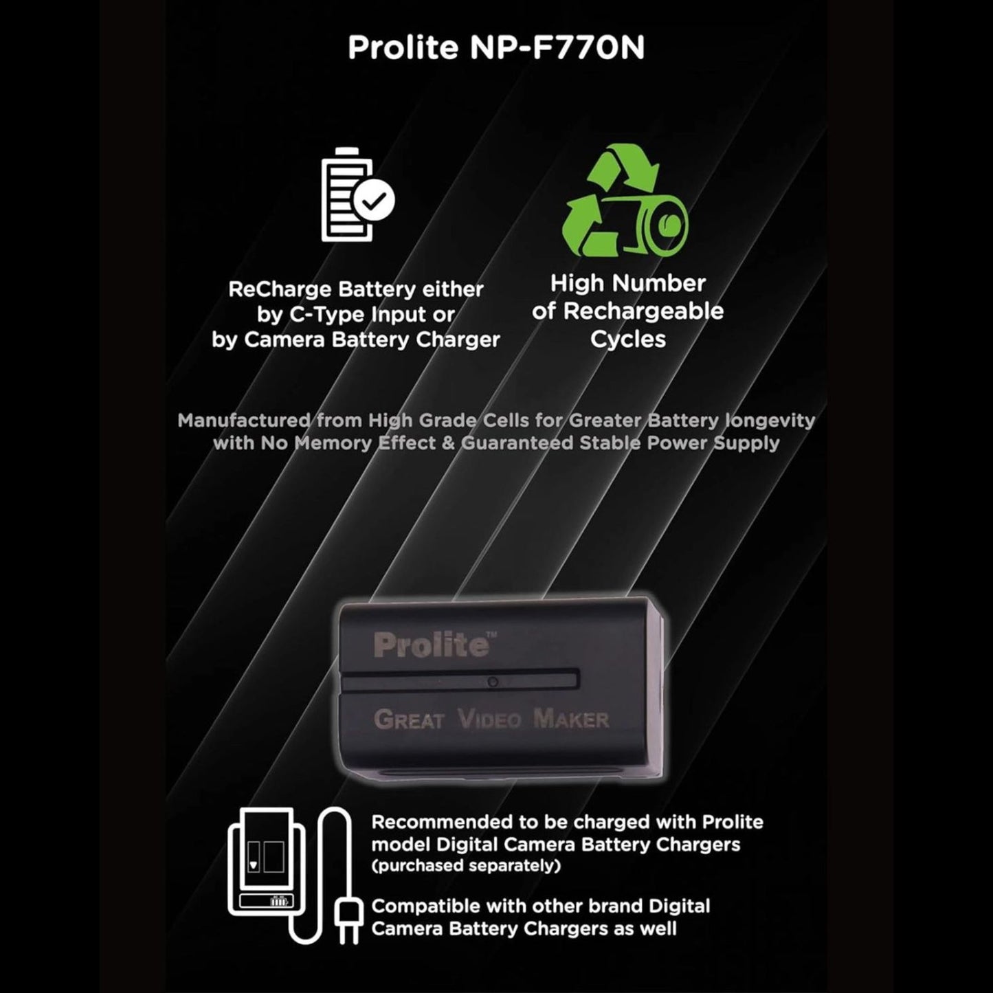 Prolite NP-F770N rechargeable Li-ion LED video light battery, “Great Video Maker”