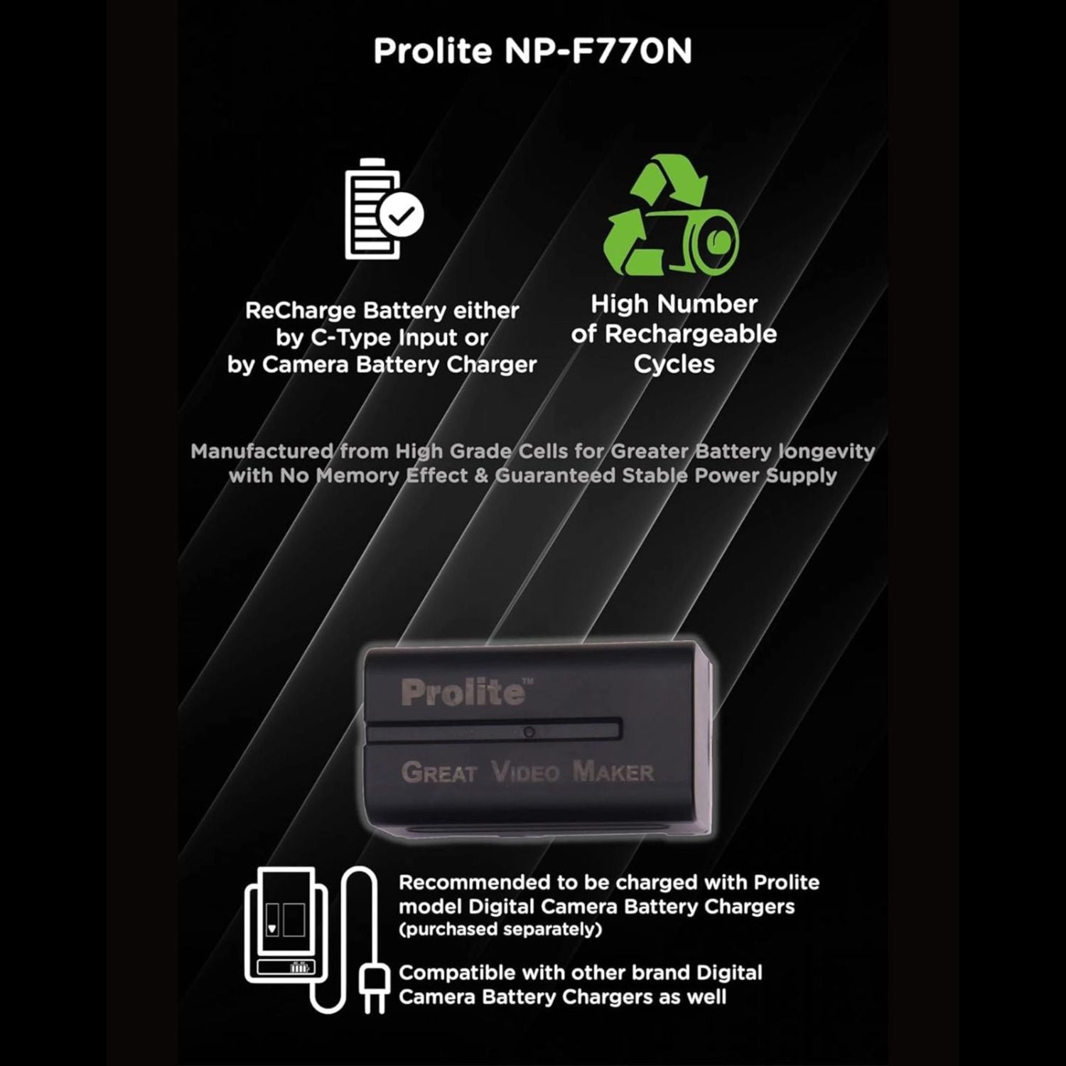 Prolite NP-F770N rechargeable Li-ion LED video light battery, “Great Video Maker”