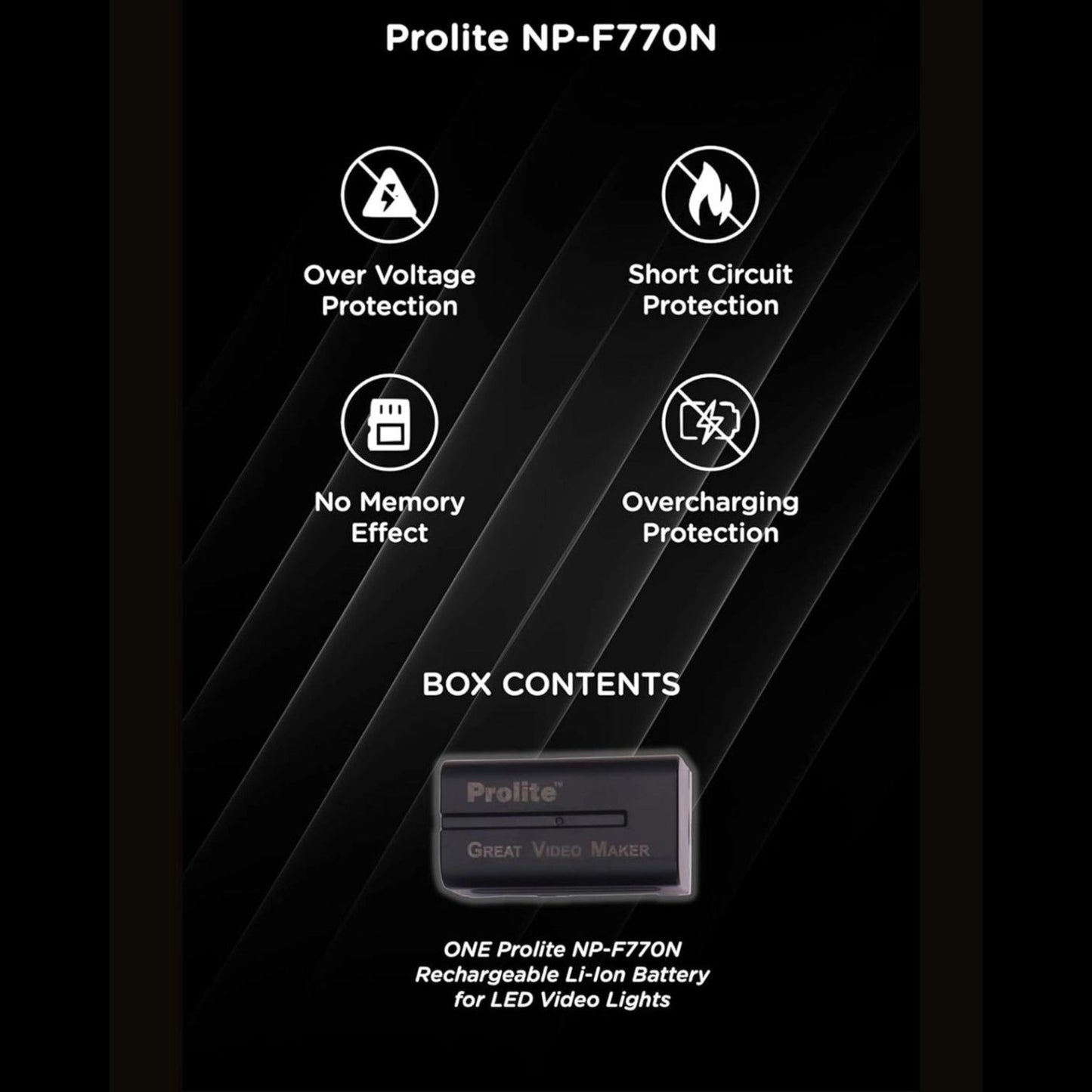 Prolite NP-F770N rechargeable Li-ion LED video light battery with protection icons
