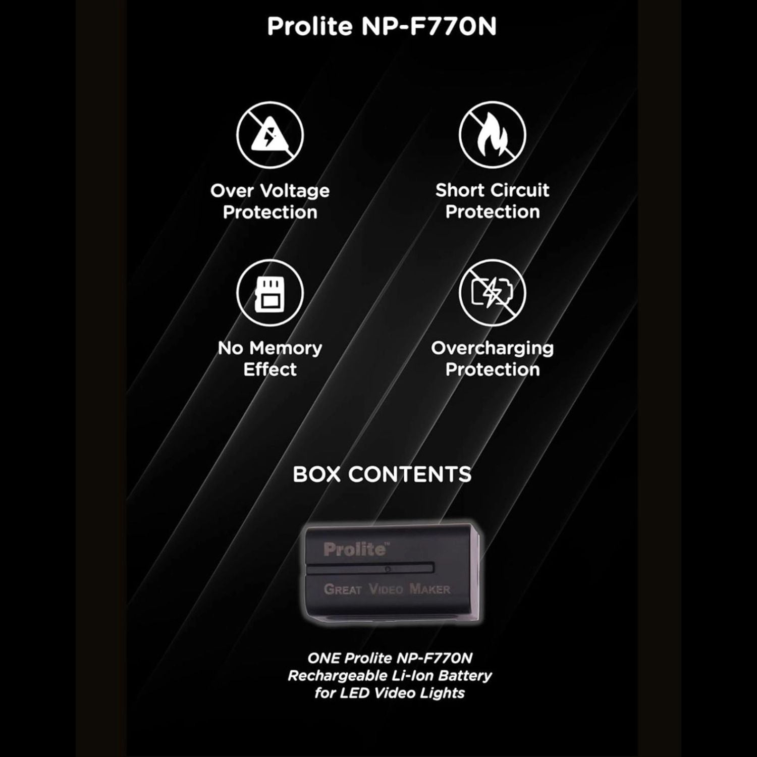 Prolite NP-F770N rechargeable Li-ion LED video light battery with protection icons