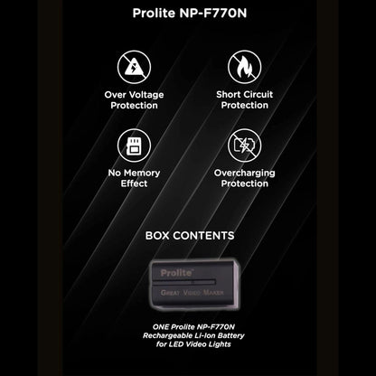 Prolite NP-F770N rechargeable Li-ion LED video light battery with protection icons
