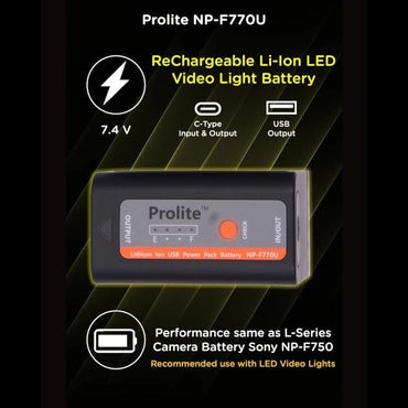 Black NP-F770U lithium-ion LED video light battery with battery check indicator