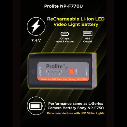 Black NP-F770U lithium-ion LED video light battery with battery check indicator
