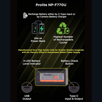 NP-F770U battery features panel: USB output and Type-C input/output shown on packaging