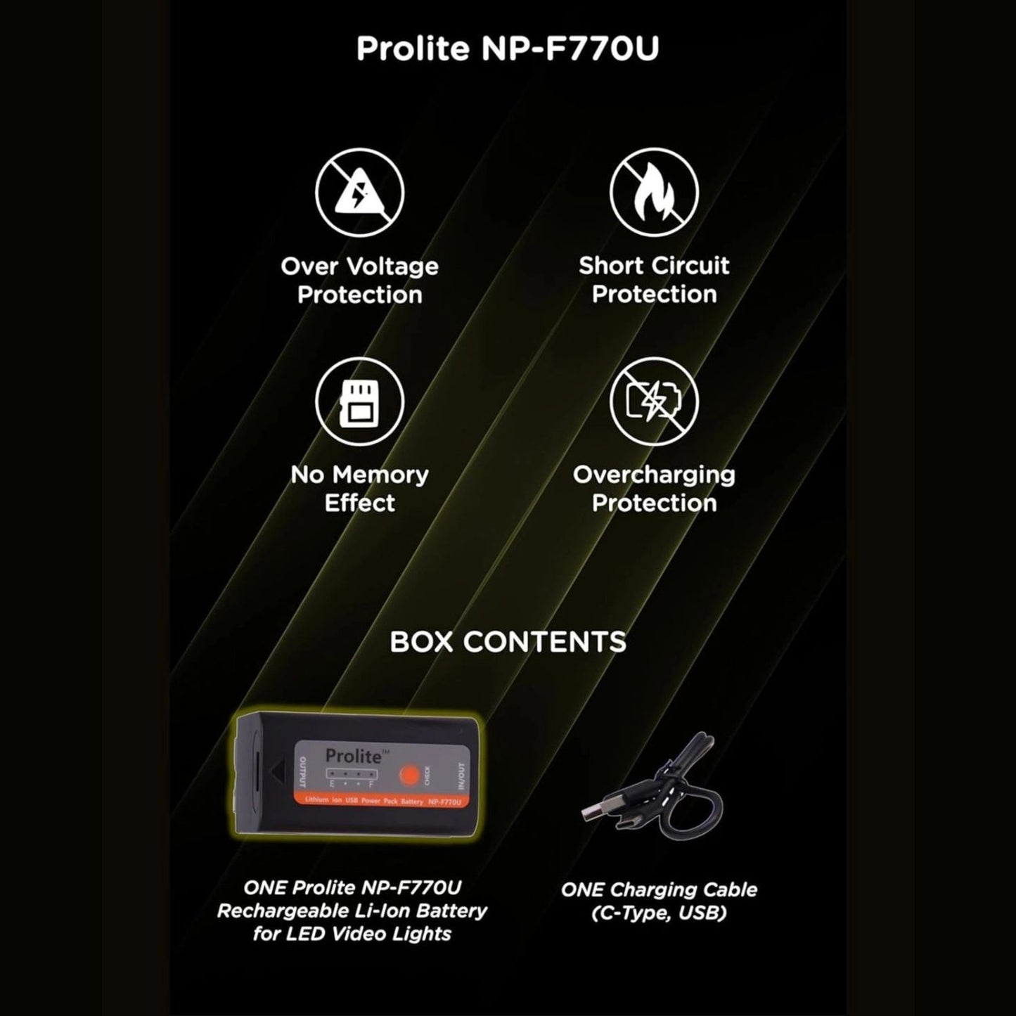 NP-F770U box contents diagram showing rechargeable battery and charging cable included