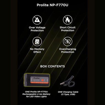 NP-F770U box contents diagram showing rechargeable battery and charging cable included