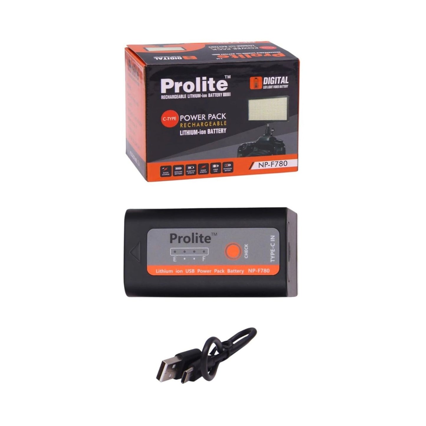 Prolite NP-F780 rechargeable Li-ion LED video light battery box with Type-C cable