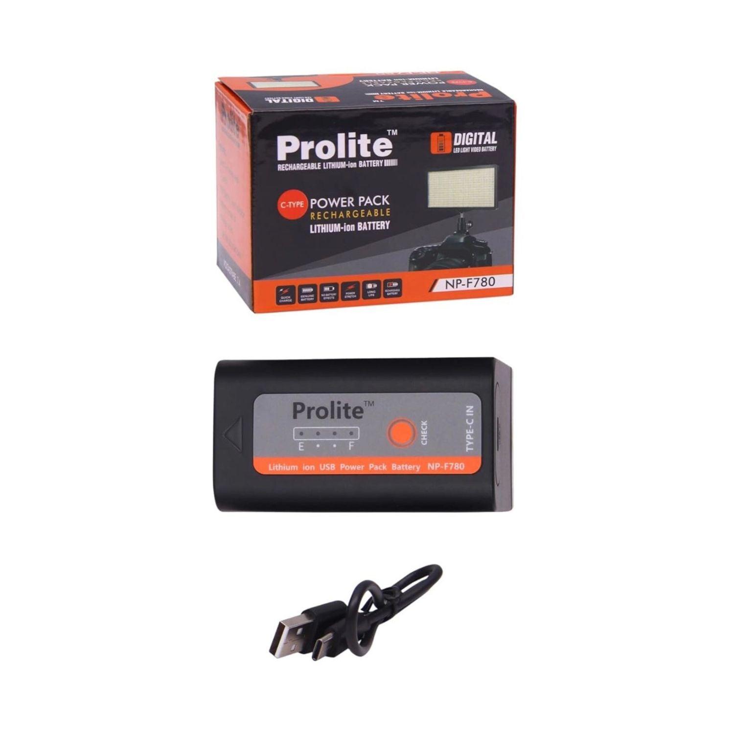 Prolite NP-F780 rechargeable Li-ion LED video light battery box with Type-C cable