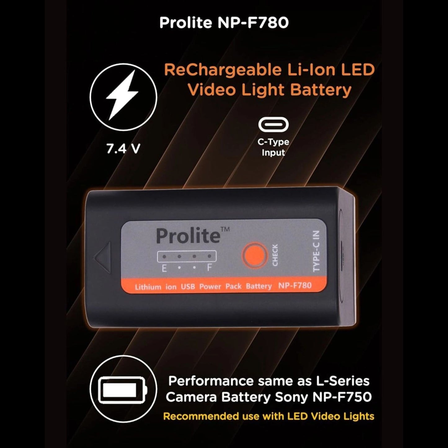 NP-F780 battery pack with Type-C input and battery level indicator LEDs