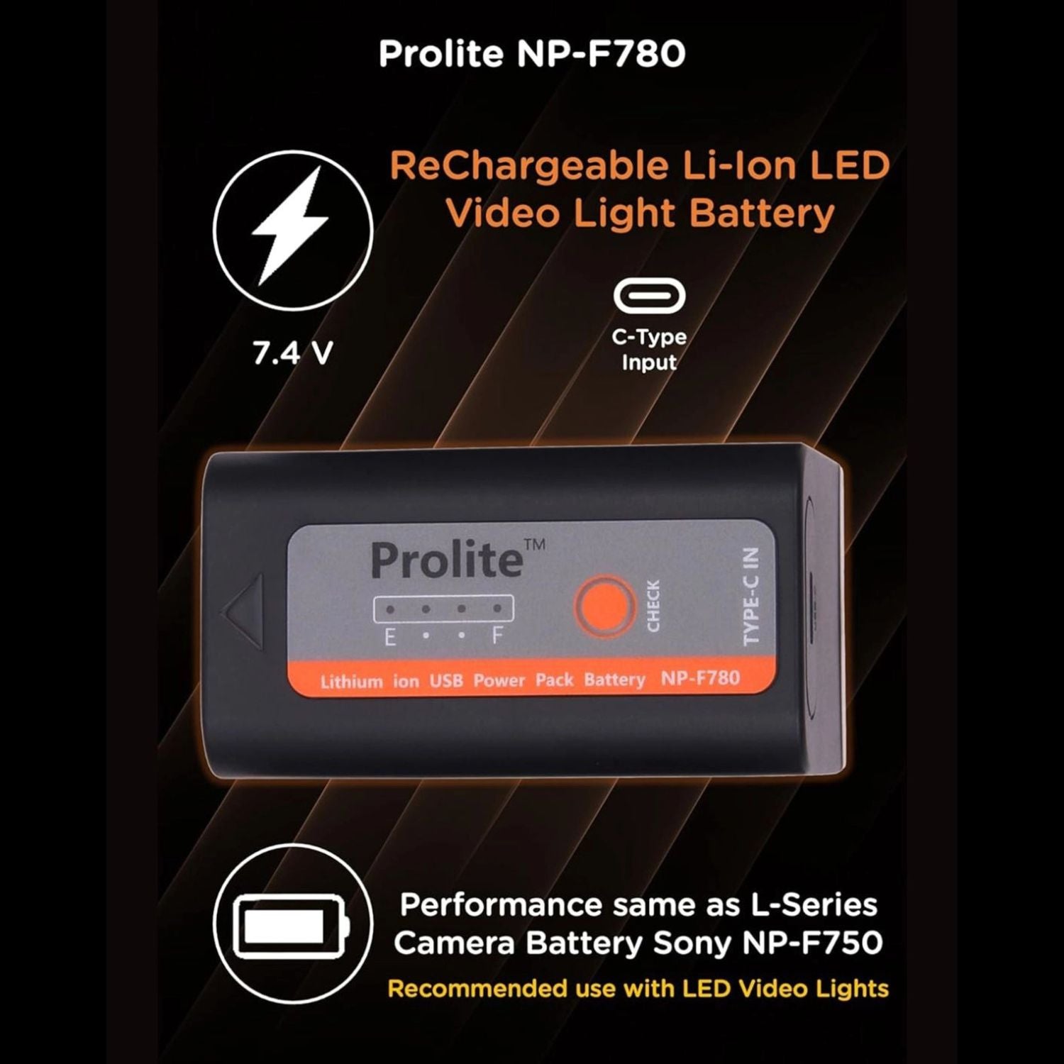 NP-F780 battery pack with Type-C input and battery level indicator LEDs