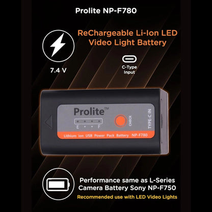 NP-F780 battery pack with Type-C input and battery level indicator LEDs