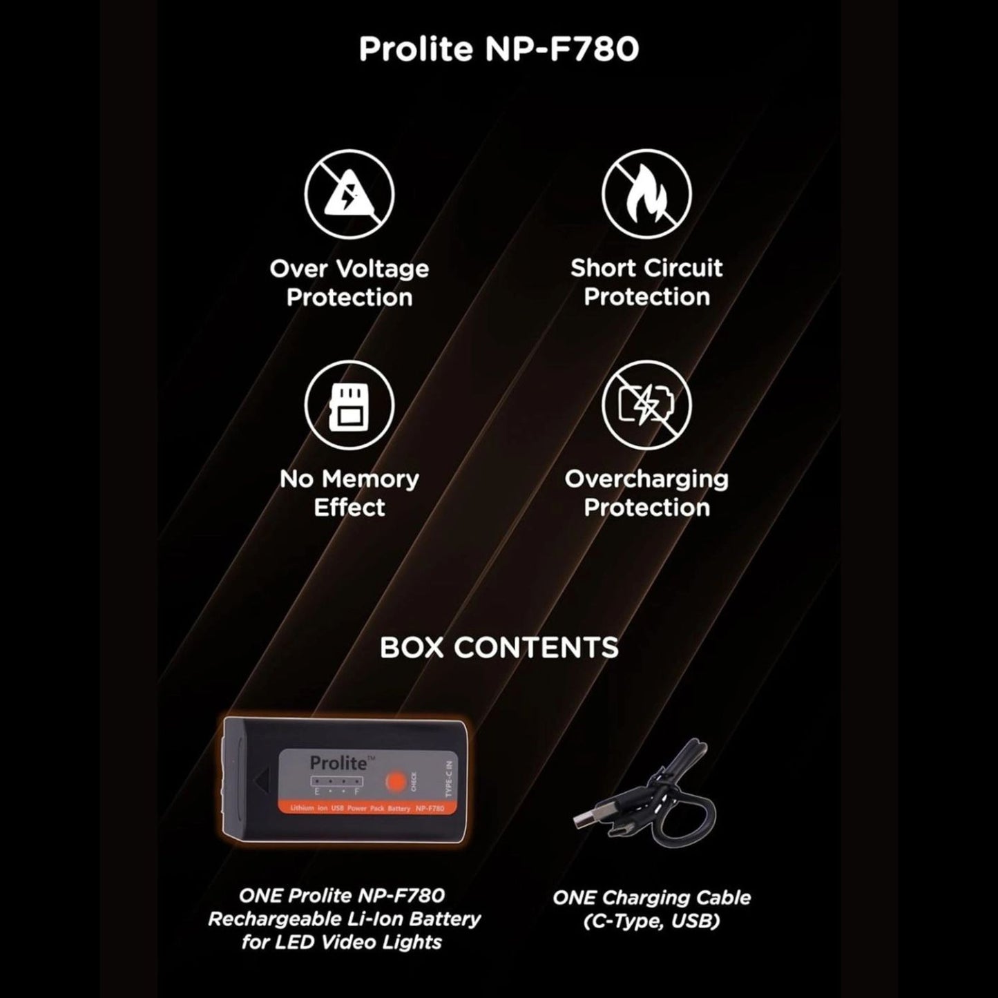 NP-F780 box contents graphic: rechargeable battery and Type-C charging cable