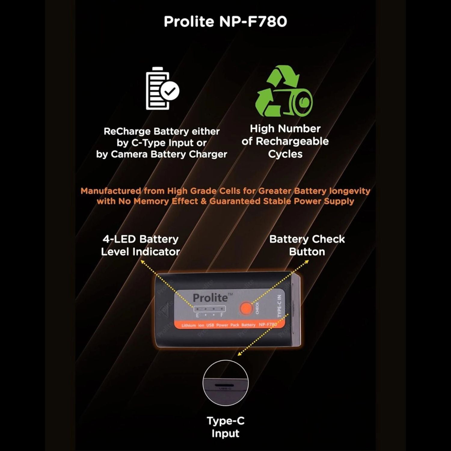 NP-F780 battery with Type-C input, battery check button, and 4-LED level indicator
