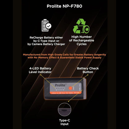 NP-F780 battery with Type-C input, battery check button, and 4-LED level indicator