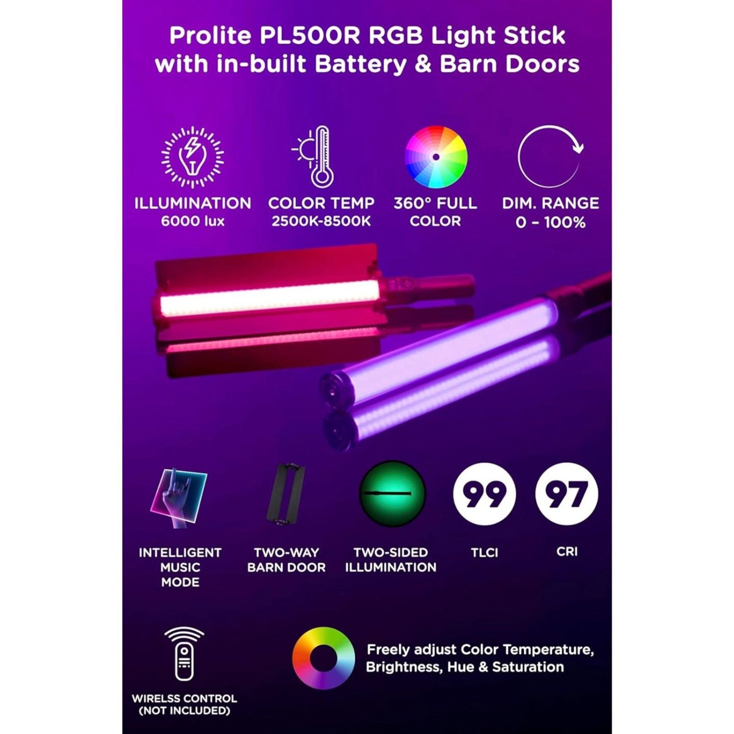 Prolite PL500R Infografik: LED-Lichtstab mit RGB-Farben, CCT, Dimmer und Funksteuerung