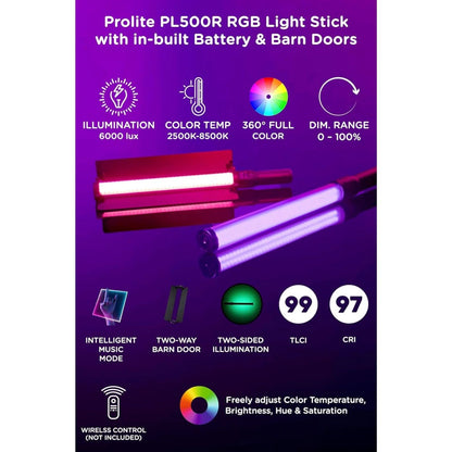 Prolite PL500R Infografik: LED-Lichtstab mit RGB-Farben, CCT, Dimmer und Funksteuerung