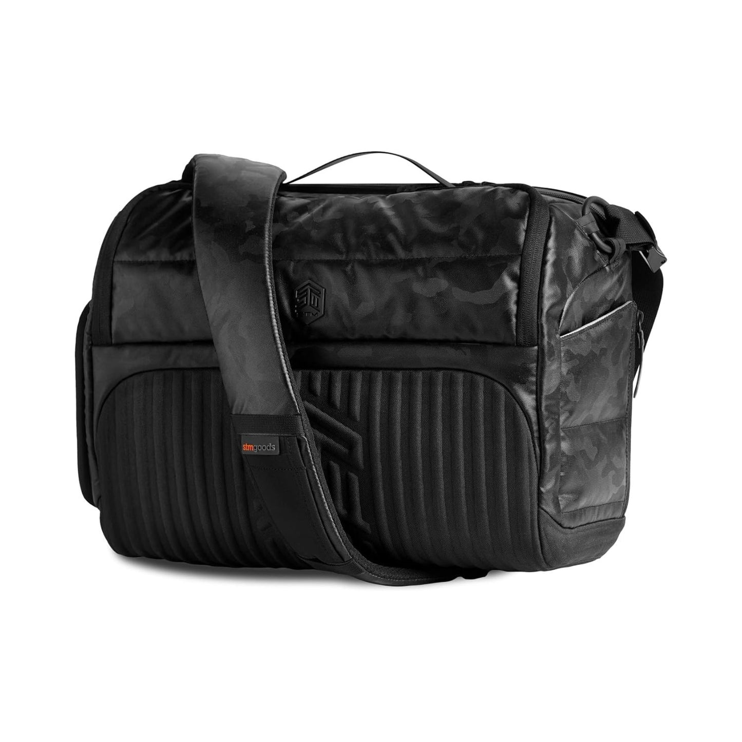 STM Dux 16L messenger bag, black with padded front and camouflage side pocket