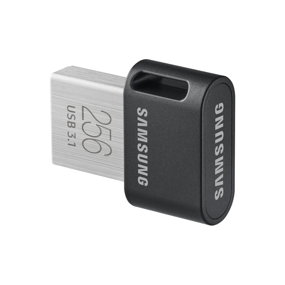 Samsung FIT Plus USB 3.1 flash drive, black cap over silver plug with Samsung logo