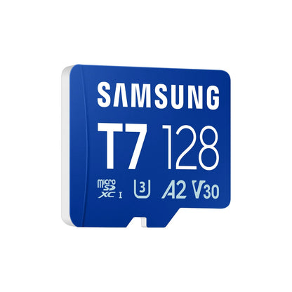 Samsung microSDXC memory card, T7 128GB, A2 V30, blue with white side