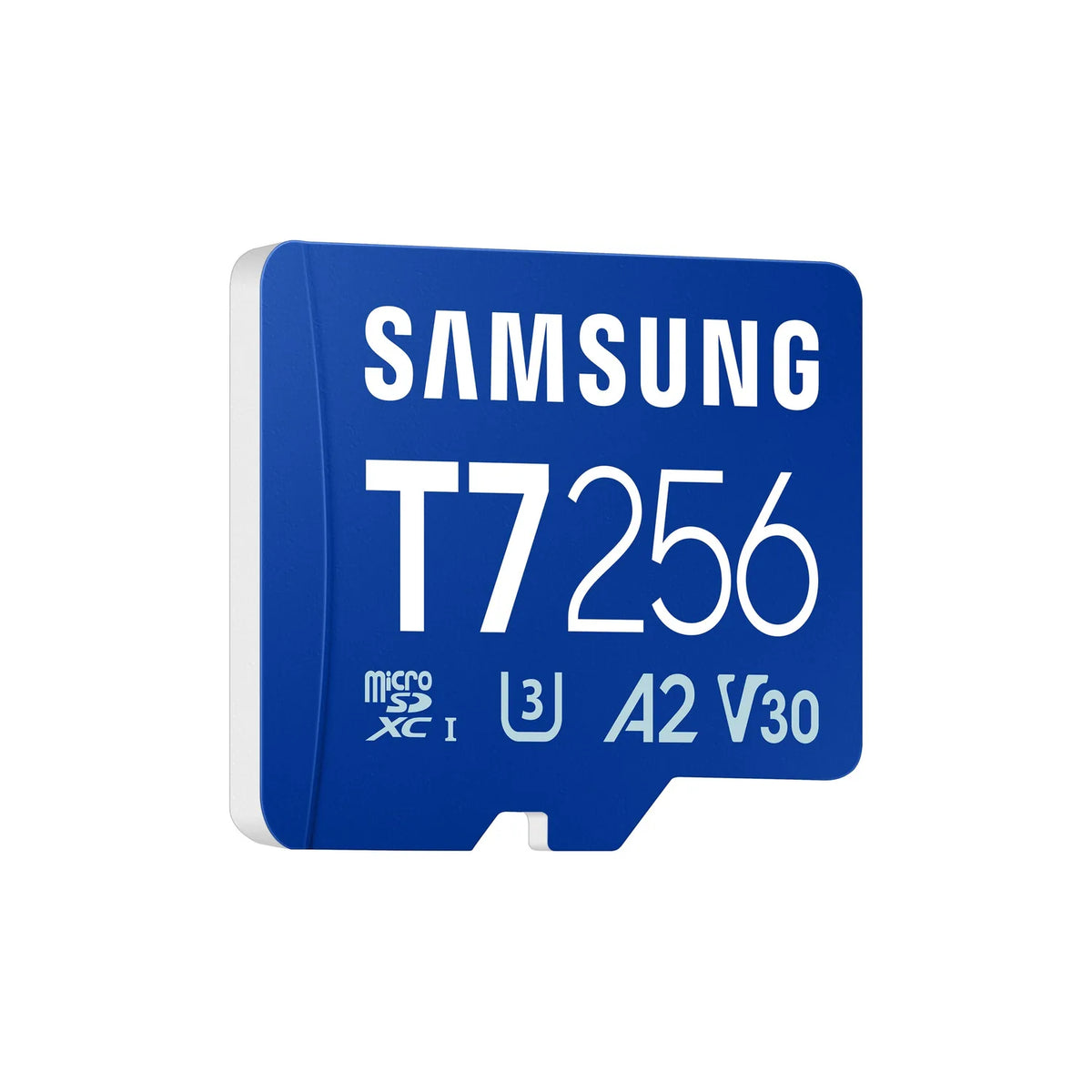 Samsung microSDXC memory card, T7 256GB, A2 V30, blue with white side