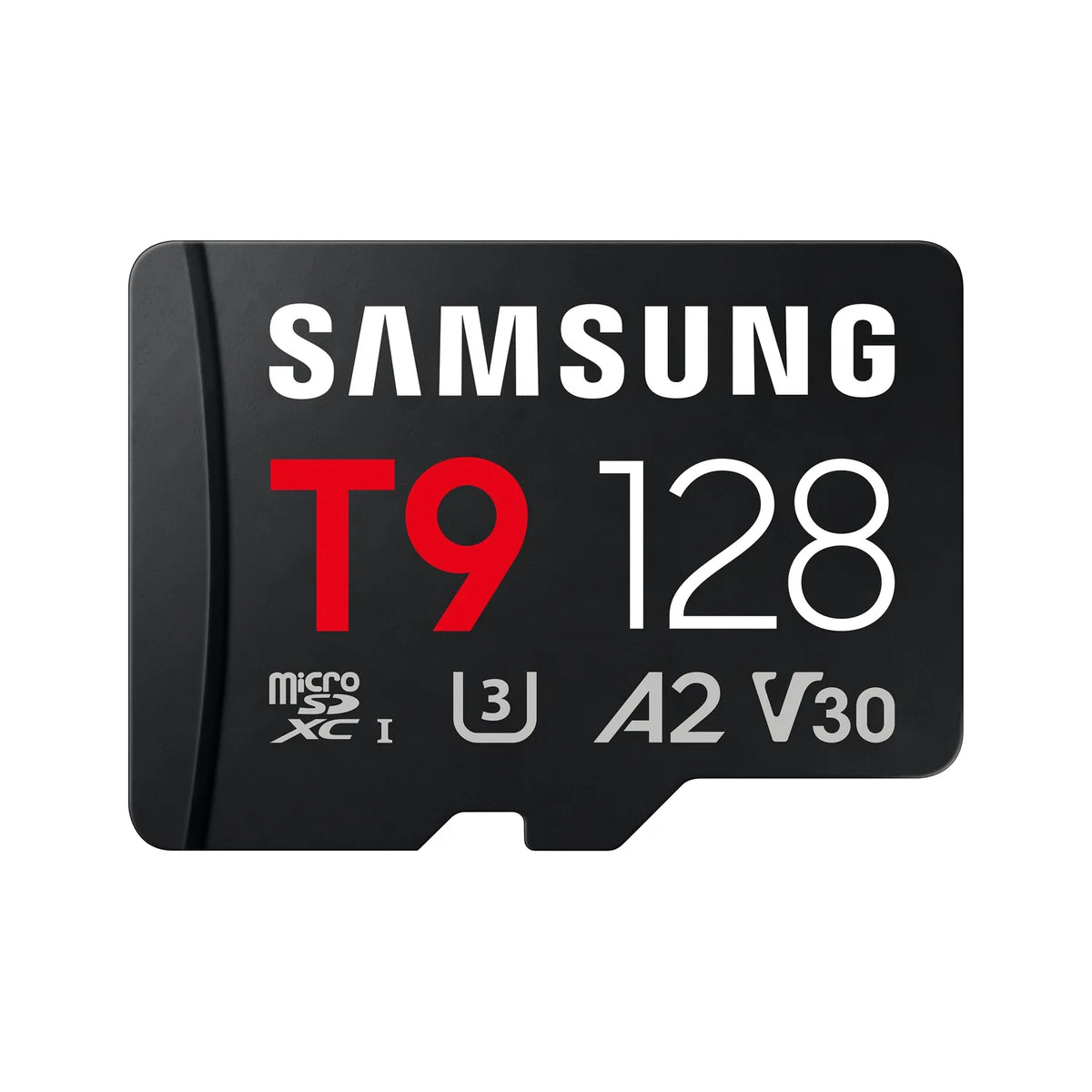 Black Samsung T9 microSDXC memory card, 128GB, UHS-I A2 V30