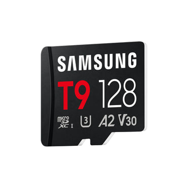 Black Samsung T9 microSDXC memory card, 128GB, A2 V30 UHS-I