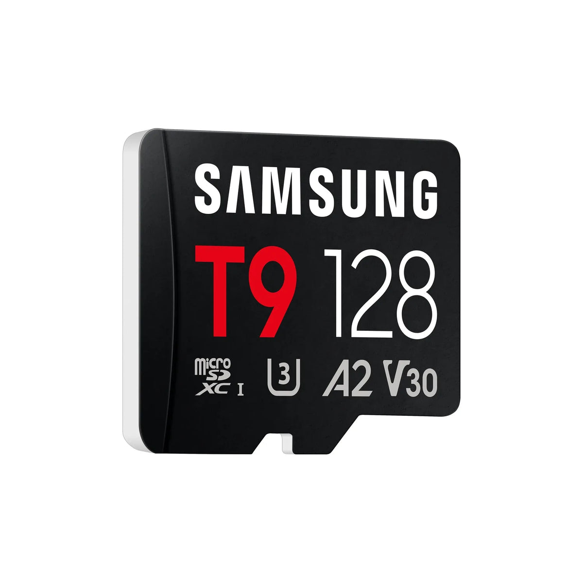 Black Samsung T9 microSDXC memory card with light side, 128GB, A2 V30
