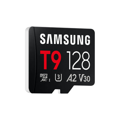 Black Samsung T9 microSDXC memory card with light side, 128GB, A2 V30