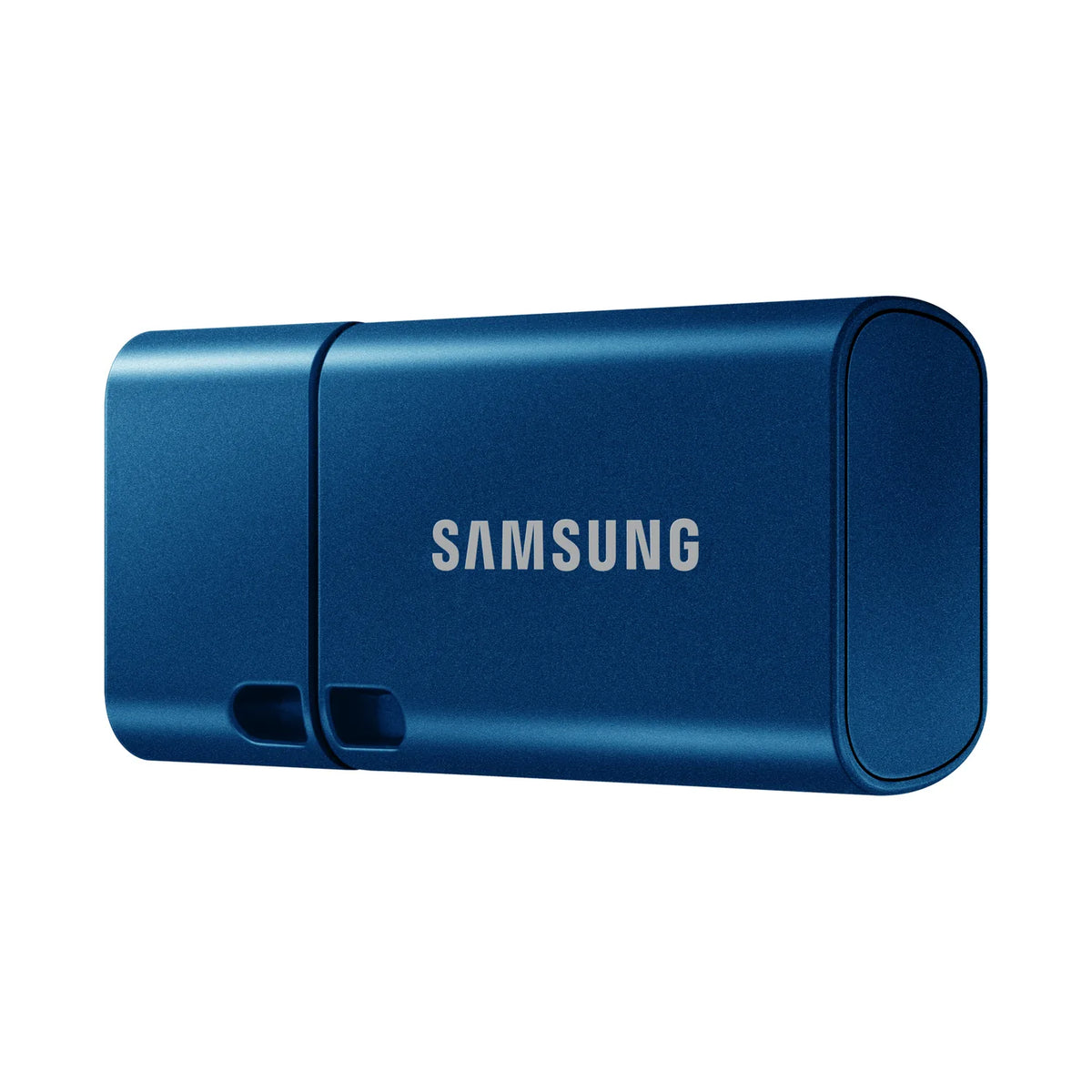 Blue Samsung USB Type-C flash drive with USB-C end and curved body