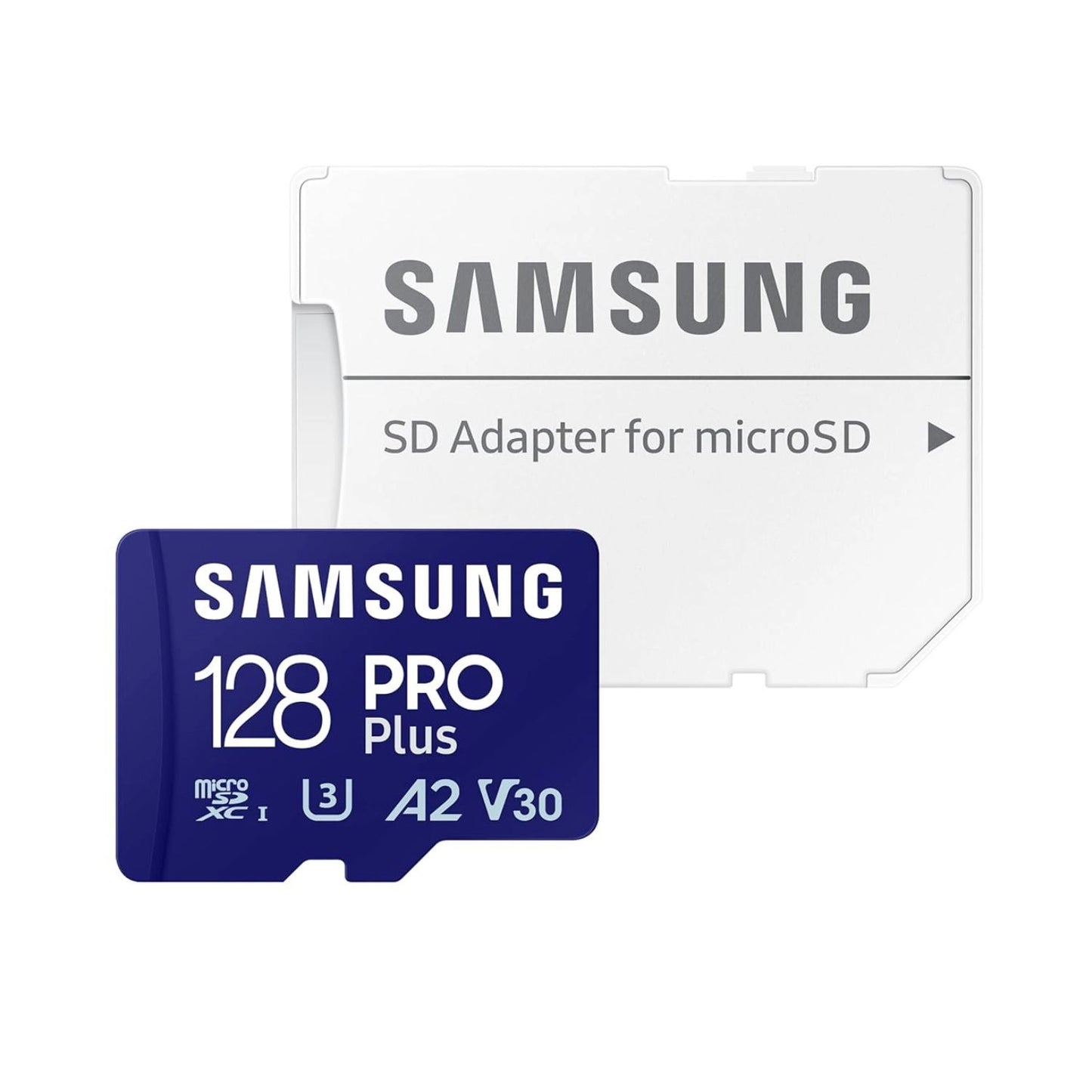 128GB PRO Plus microSD + SD adapter, blue card and white adapter case