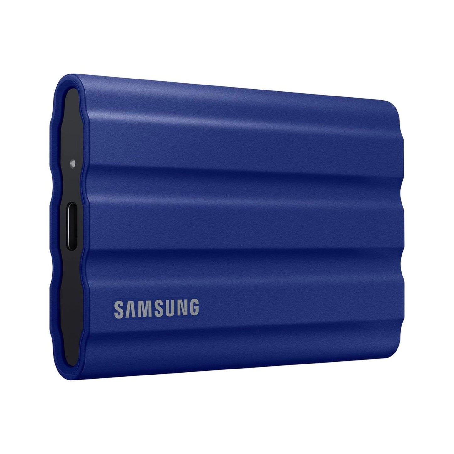 Samsung T7 Shield 1TB portable SSD in blue protective case, side port and logo