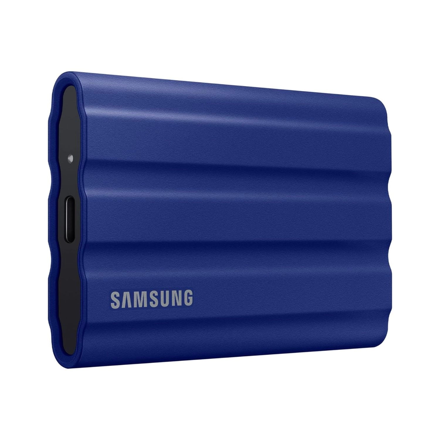Samsung T7 Shield 1TB portable SSD in blue protective case, side port and logo